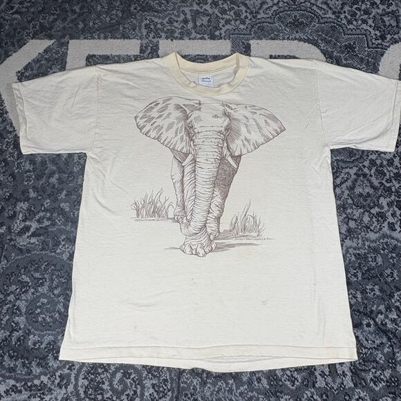 Vintage Elephant Graphic T-Shirt Cream Men’s Size L Wildlife Nature Animal Tee - Picture 1 of 8